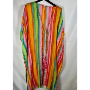 Rainbow Stripe Kaftan kimono Hippie Boho Caftan Tassel Gold Trim Resort coverup
